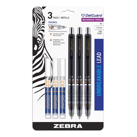 Zebra Pen Mechanical Pencil, 0.5 mm, HB (No 2.5), Black Lead, Black Barrel, PK3 10613